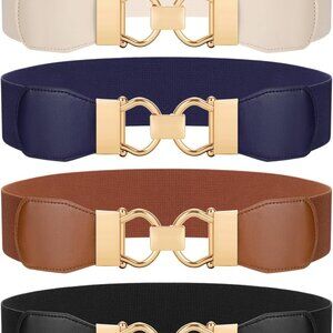 4 Pack Women's Elastic Stretchy Waist Belts Faux Leather Gold Buckle Dress